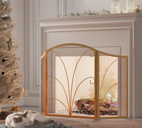 3-Panel Arched Childproof Fireplace Screen Decorative, Handcrafted Scroll Wrought Iron Fireplace Spark Guard Cover-Gold in Saudi Arabia
