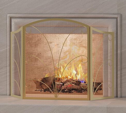 3-Panel Arched Childproof Fireplace Screen Decorative, Handcrafted Scroll Wrought Iron Fireplace Spark Guard Cover-Gold in Saudi Arabia