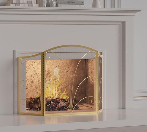 3-Panel Arched Childproof Fireplace Screen Decorative, Handcrafted Scroll Wrought Iron Fireplace Spark Guard Cover-Gold in Saudi Arabia