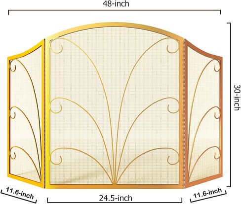 3-Panel Arched Childproof Fireplace Screen Decorative, Handcrafted Scroll Wrought Iron Fireplace Spark Guard Cover-Gold in Saudi Arabia