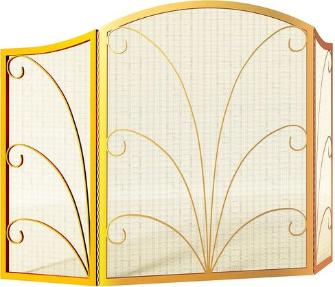 3-Panel Arched Childproof Fireplace Screen Decorative, Handcrafted Scroll Wrought Iron Fireplace Spark Guard Cover-Gold in Saudi Arabia