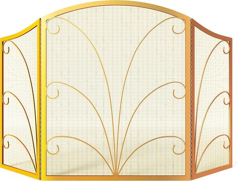 3-Panel Arched Childproof Fireplace Screen Decorative, Handcrafted Scroll Wrought Iron Fireplace Spark Guard Cover-Gold in Saudi Arabia
