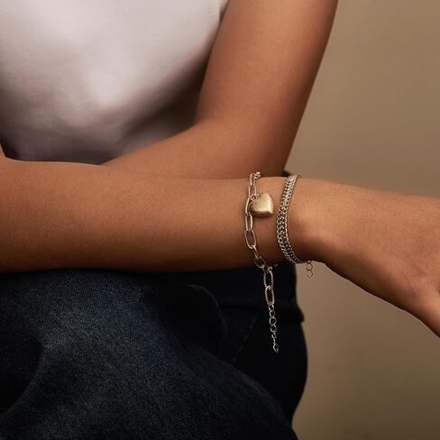 Heart Bracelet for Women 14K Gold Plated Stainless Steel Braided Link Chain With a Shiny or Brushed Heart Charm Bracelet in Saudi Arabia