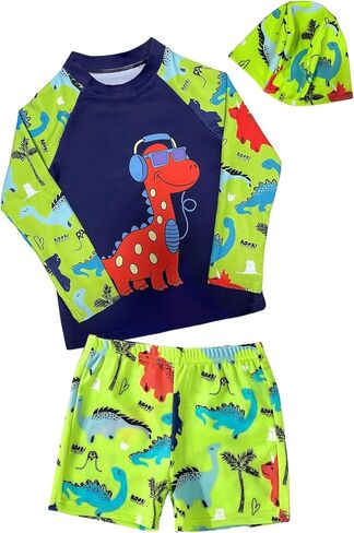 بدلة سباحة للأطفال الصغار على شكل ديناصور RashGuard - قميص للأطفال بأكمام طويلة وملابس سباحة مع قبعة مكونة من 3 قطع in Saudi Arabia