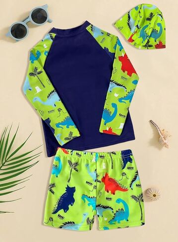 بدلة سباحة للأطفال الصغار على شكل ديناصور RashGuard - قميص للأطفال بأكمام طويلة وملابس سباحة مع قبعة مكونة من 3 قطع in Saudi Arabia