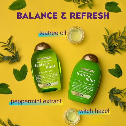 OGX قوة إضافية منتعشة لفروة الرأس + نعناع شجرة الشاي، شامبو منشط لفروة الرأس مع شجرة الشاي وزيت النعناع وبندق الساحرة، مواد خافضة للتوتر السطحي خالية من البارابين/الكبريتات، 13 أونصة سائلة in Kuwait