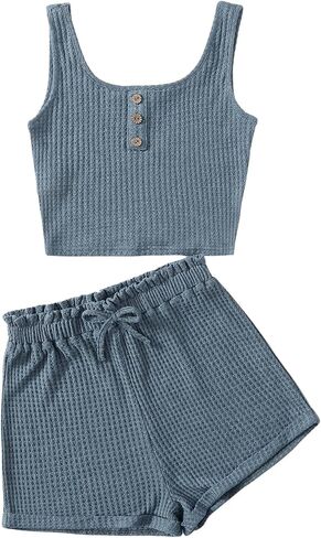 Girl's 2 Piece Outfits Waffle Knit Scoop Neck Button Down Crop Tank Tops Paperbag Waist Track Shorts in Saudi Arabia