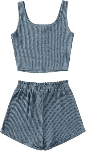 Girl's 2 Piece Outfits Waffle Knit Scoop Neck Button Down Crop Tank Tops Paperbag Waist Track Shorts in Saudi Arabia