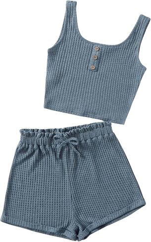 Girl's 2 Piece Outfits Waffle Knit Scoop Neck Button Down Crop Tank Tops Paperbag Waist Track Shorts in Saudi Arabia