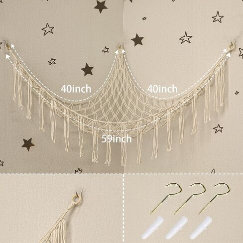 Stuffed Animal Hammock Corner, Hand-knitted Large Plushie Net Toy Hammock with Wooden Rings | Boho Cute Stuff Animal Storage for Nursery & Bedroom | Mesh Kids Toy Organizer Holder Nursery Room Decor in Kuwait