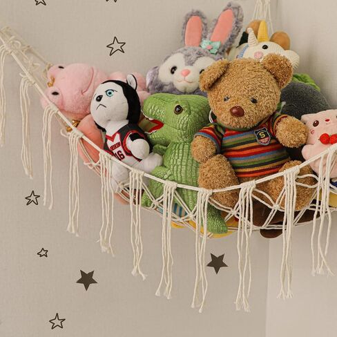 Stuffed Animal Hammock Corner, Hand-knitted Large Plushie Net Toy Hammock with Wooden Rings | Boho Cute Stuff Animal Storage for Nursery & Bedroom | Mesh Kids Toy Organizer Holder Nursery Room Decor in Kuwait