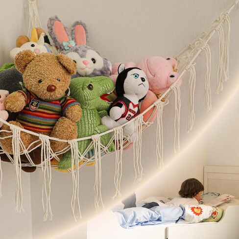 Stuffed Animal Hammock Corner, Hand-knitted Large Plushie Net Toy Hammock with Wooden Rings | Boho Cute Stuff Animal Storage for Nursery & Bedroom | Mesh Kids Toy Organizer Holder Nursery Room Decor in Kuwait