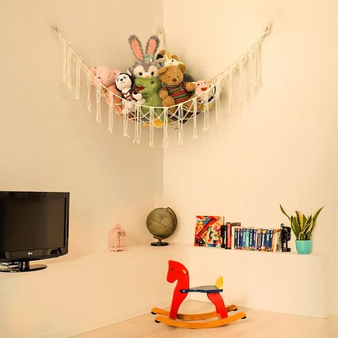 Stuffed Animal Hammock Corner, Hand-knitted Large Plushie Net Toy Hammock with Wooden Rings | Boho Cute Stuff Animal Storage for Nursery & Bedroom | Mesh Kids Toy Organizer Holder Nursery Room Decor in Kuwait