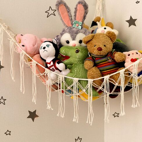 Stuffed Animal Hammock Corner, Hand-knitted Large Plushie Net Toy Hammock with Wooden Rings | Boho Cute Stuff Animal Storage for Nursery & Bedroom | Mesh Kids Toy Organizer Holder Nursery Room Decor in Kuwait