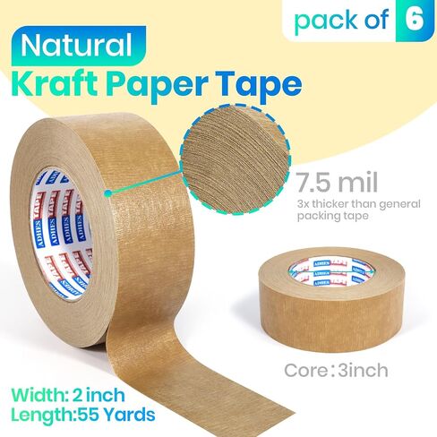 ADHES Reinforced Kraft Paper Tape, 7.5mil, 2 Inch x 55 Yards x 6 Rolls, Biodegradable Paper Packing Tape Writable & Uncoated Heavy Duty Brown Packing Tape for Shipping, Moving, Sealing in Saudi Arabia