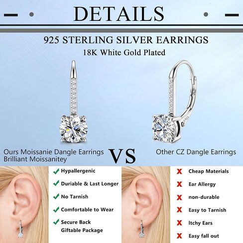 FIBO STEEL Moissanite Earrings for Women D Color Round Cut Lab Created Diamond Earrings 18K White Gold S925 Sterling Silver Drop Dangle Earrings Hypoallergenic 1.0ct-2.0ct Leverback in Saudi Arabia
