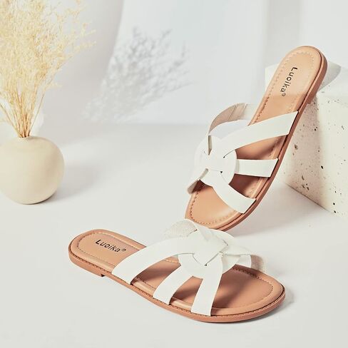 Luoika Women's Wide Width Flat Slides Sandals. | Wide Width, Slip-on, Lightweight, Comfort, Casual, Traveling, Daily Wear, Dress, Summer Beach Shoes in Saudi Arabia