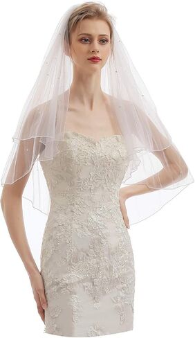 Elawbty Womens 2 Tier Fingertip Length Short Lace Pearl Wedding Bridal Veil With Comb X05 in Kuwait