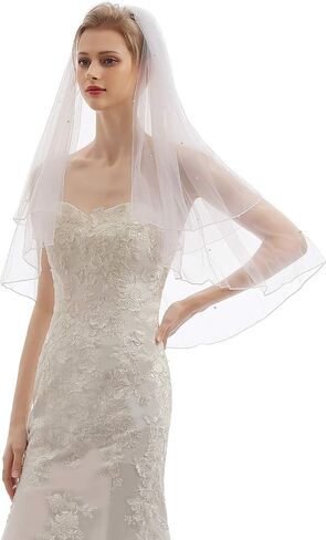 Elawbty Womens 2 Tier Fingertip Length Short Lace Pearl Wedding Bridal Veil With Comb X05 in Kuwait