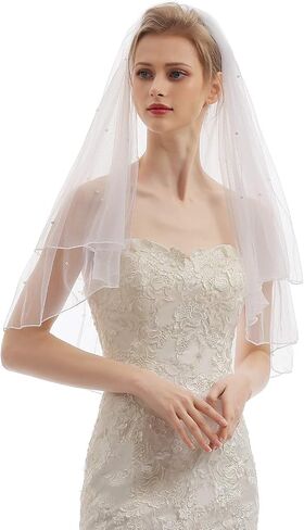 Elawbty Womens 2 Tier Fingertip Length Short Lace Pearl Wedding Bridal Veil With Comb X05 in Kuwait