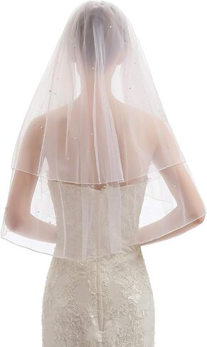 Elawbty Womens 2 Tier Fingertip Length Short Lace Pearl Wedding Bridal Veil With Comb X05 in Kuwait