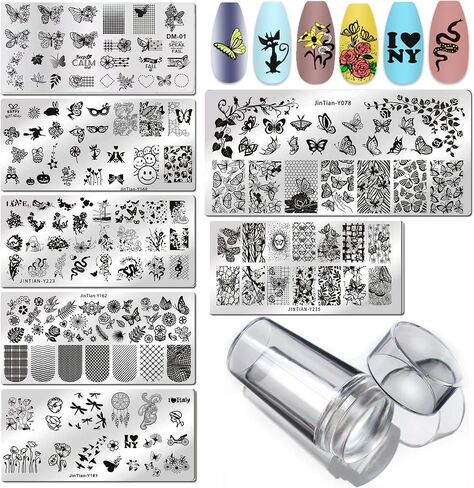 LoveOurHome Nail Stamping Plate Kit Flower Butterfly Lace Animal Fingernails Template Stencil Stamps Plate Silicone Stamper Scraper Manicure Design Tools Set (Butterfly) in Saudi Arabia