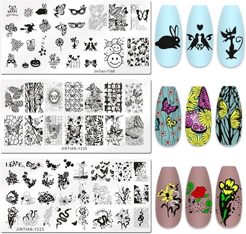 LoveOurHome Nail Stamping Plate Kit Flower Butterfly Lace Animal Fingernails Template Stencil Stamps Plate Silicone Stamper Scraper Manicure Design Tools Set (Butterfly) in Saudi Arabia