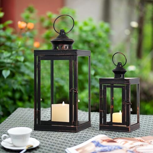 DECORKEY Large Lantern Decorative Outdoor & Indoor, Set of 2 (14’’&10’’) Metal Candle Lanterns Decor, Vintage Hanging Candle Holder for Front Porch Patio Wedding Farmhouse Home, Spring Decoration in Saudi Arabia
