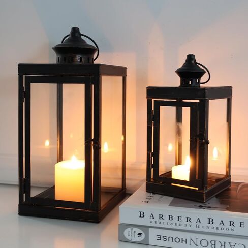 DECORKEY Large Lantern Decorative Outdoor & Indoor, Set of 2 (14’’&10’’) Metal Candle Lanterns Decor, Vintage Hanging Candle Holder for Front Porch Patio Wedding Farmhouse Home, Spring Decoration in Saudi Arabia
