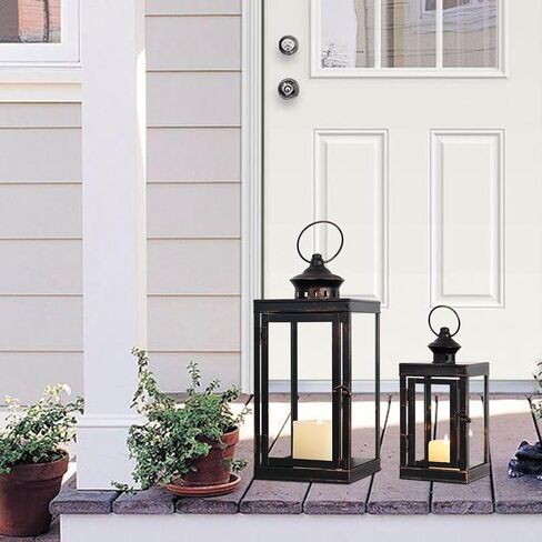 DECORKEY Large Lantern Decorative Outdoor & Indoor, Set of 2 (14’’&10’’) Metal Candle Lanterns Decor, Vintage Hanging Candle Holder for Front Porch Patio Wedding Farmhouse Home, Spring Decoration in Saudi Arabia