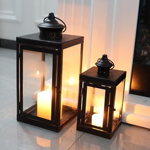 DECORKEY Large Lantern Decorative Outdoor & Indoor, Set of 2 (14’’&10’’) Metal Candle Lanterns Decor, Vintage Hanging Candle Holder for Front Porch Patio Wedding Farmhouse Home, Spring Decoration in Saudi Arabia