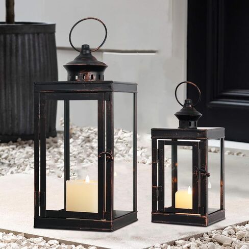 DECORKEY Large Lantern Decorative Outdoor & Indoor, Set of 2 (14’’&10’’) Metal Candle Lanterns Decor, Vintage Hanging Candle Holder for Front Porch Patio Wedding Farmhouse Home, Spring Decoration in Saudi Arabia