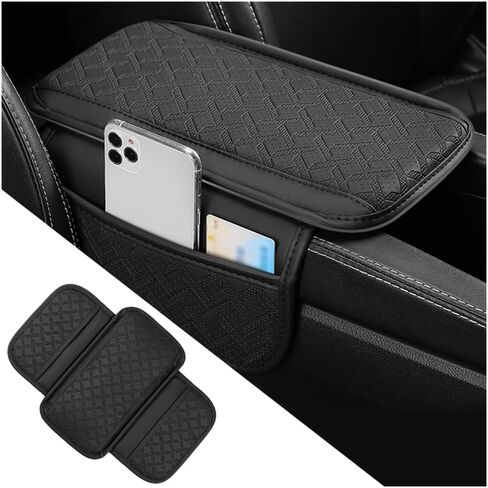 Car Armrest Cover with Pocket Organizer,Leather Middle Console Cover Distributes Elbow Stress,Upgraded Center Console Armrest Cover Increase Car Storage for Most Cars (Black) in Saudi Arabia