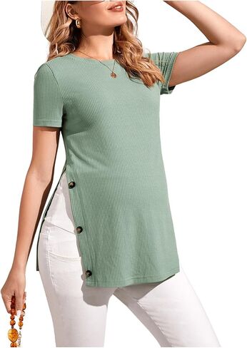 MakeMeChic Women's Maternity Shirt Ribbed Knit Button Side Short Sleeve Pregnancy Top in Saudi Arabia