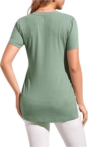 MakeMeChic Women's Maternity Shirt Ribbed Knit Button Side Short Sleeve Pregnancy Top in Saudi Arabia