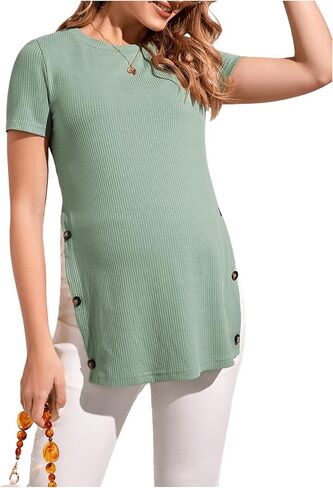 MakeMeChic Women's Maternity Shirt Ribbed Knit Button Side Short Sleeve Pregnancy Top in Saudi Arabia