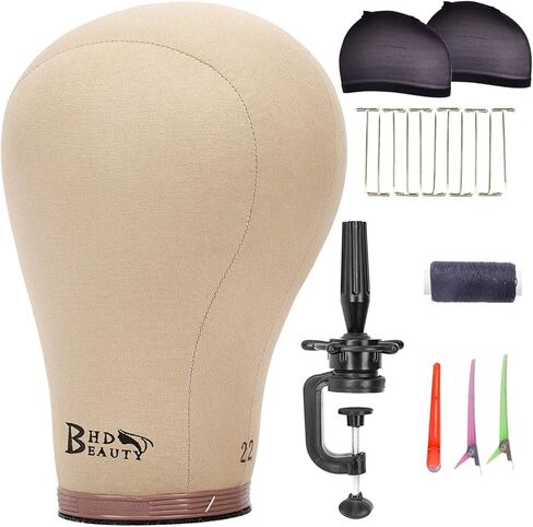 BHD BEAUTY Cork Canvas Block Mannequin Head Wig Display Styling With Mount Hole 22"(Canvas Head+Head Stand+T Pins+C Needles+Wig Caps+Thread +Clips) in Kuwait