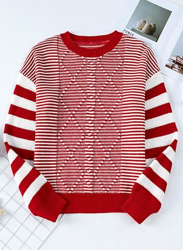 EVALESS Womens Striped Sweaters Fall Winter 2024 Trendy Fashion Cable Knit Pullover Sweater in Saudi Arabia