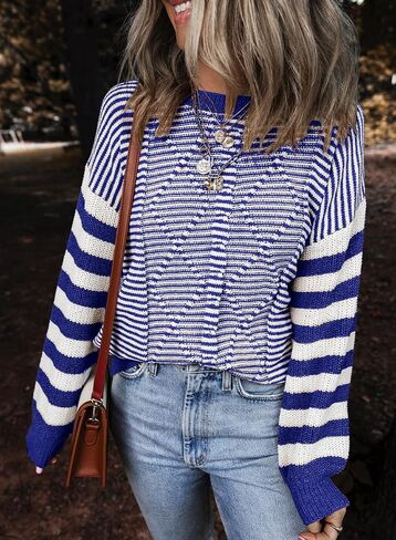 EVALESS Womens Striped Sweaters Fall Winter 2024 Trendy Fashion Cable Knit Pullover Sweater in Saudi Arabia