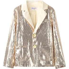 WELAKEN Girls Sequin Blazers Jacket Long Sleeve Notched Lapel Button Down Suit Coat with Pockets
