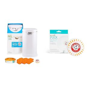 Munchkin® PAIL™ Diaper Pail, Powered by Arm & Hammer, Includes 6 Snap, Seal and Toss™ Bags, 1 Starter Refill Ring, and 2 PUCK™ Baking Soda Cartridges