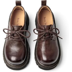 BEAU TODAY Chunky Oxfords Women, Platform Oxford Shoes for Women, Casual Round Toe Lace-up Leather Oxfords for Women, Comfortable Business Lug Sole Casual Dress Oxford Shoes