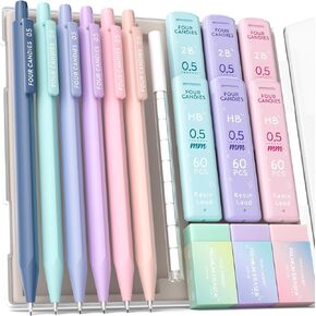 Four Candies Mechanical Pencils 0.7mm, with HB & 2B Lead Refills 0.7, Pastel Eraser Set & Eraser Refills, 16-Count Pack with Case, Cute Aesthetic School Supplies for Writing, Drawing and Sketching
