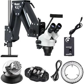 DZQ Stereo Microscope 7X-45X Magnification, Jewelry Microscope 0X/0.5X/2.0X Objective Lenses, Micro Inlaid Mirror WF10X Eyepieces, Single-Arm Boom Stand with Base Plate, 60-Bulb LED Ring Light(ZQ-3) in Saudi Arabia