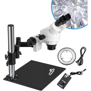 DZQ Stereo Microscope 7X-45X Magnification, Jewelry Microscope 0X/0.5X/2.0X Objective Lenses, Micro Inlaid Mirror WF10X Eyepieces, Single-Arm Boom Stand with Base Plate, 60-Bulb LED Ring Light(ZQ-3)