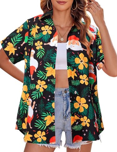 Christmas in July Shirt Women Hawaiian Christmas Button Down Shirts Vintage Christmas Graphic Short Sleeve Button Up Tops in Saudi Arabia