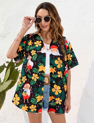 Christmas in July Shirt Women Hawaiian Christmas Button Down Shirts Vintage Christmas Graphic Short Sleeve Button Up Tops in Saudi Arabia