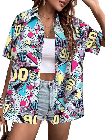 80s 90s Shirts Women Hawaii 80s 90s Outfits Vintage Back to The 90s Graphic Tee Retro Party Disco Short Sleeve Button Up Top in Kuwait