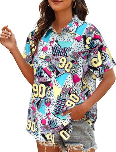 80s 90s Shirts Women Hawaii 80s 90s Outfits Vintage Back to The 90s Graphic Tee Retro Party Disco Short Sleeve Button Up Top in Kuwait