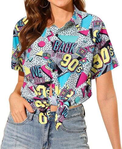 80s 90s Shirts Women Hawaii 80s 90s Outfits Vintage Back to The 90s Graphic Tee Retro Party Disco Short Sleeve Button Up Top in Kuwait
